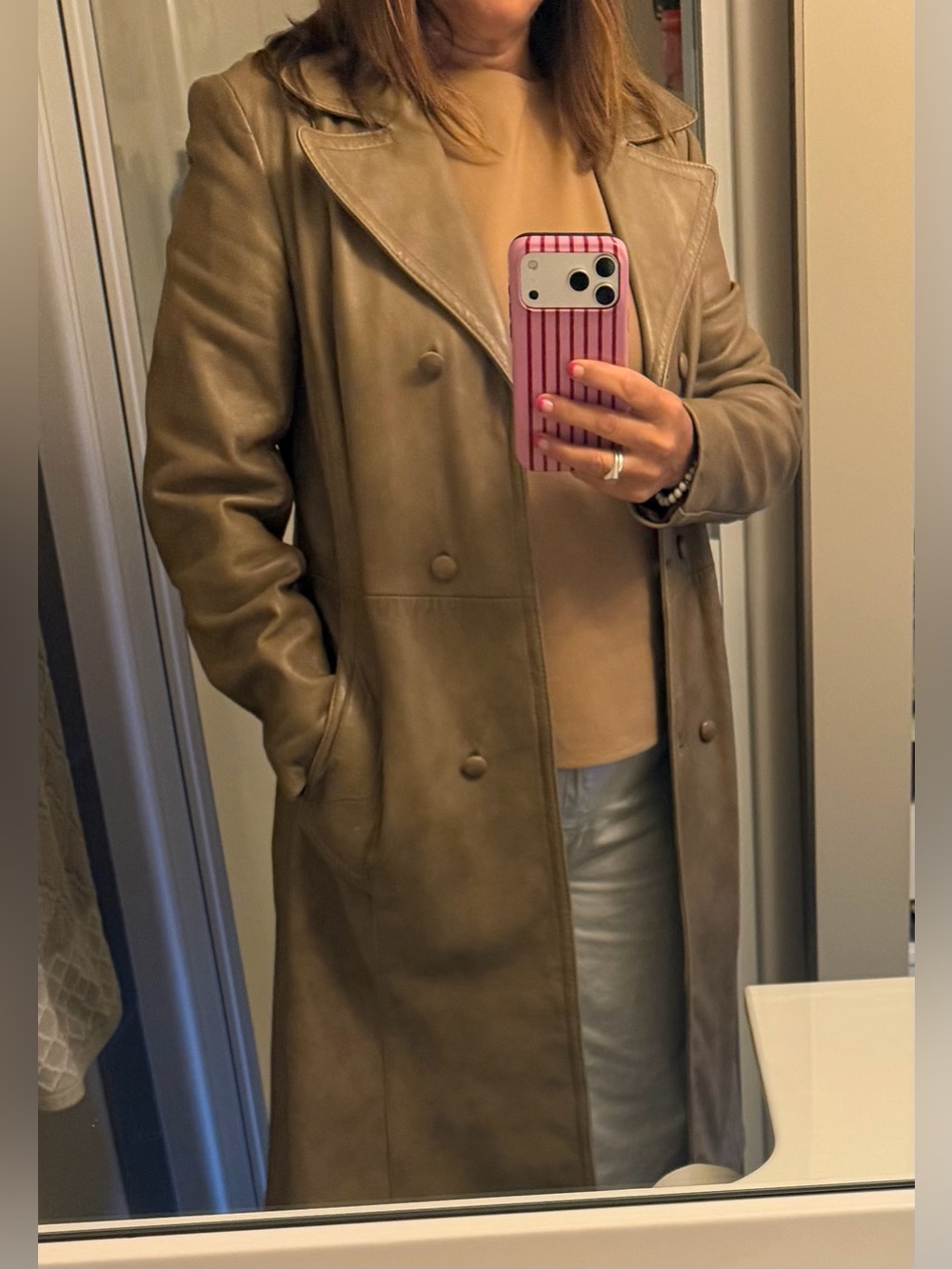 Vintage Marquis of London Leather Coat Tan Double Breasted Trench Made in Canada